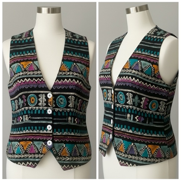 Vintage Tops - 90s Revival Corduroy Aztec Southwest Geo Vintage Beaded Vest Colorful Size L
